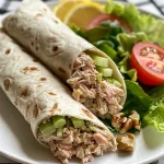 Close-up view of a tuna wrap filled with bright vegetables and mayonnaise.