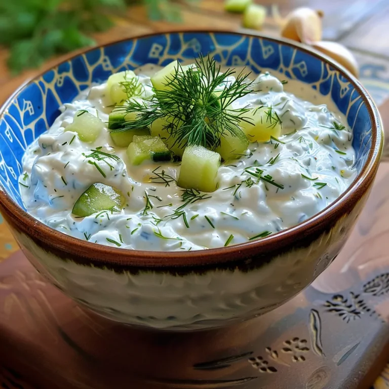 Close-up view of creamy Tzatziki sauce in a bowl, garnished with fresh herbs.