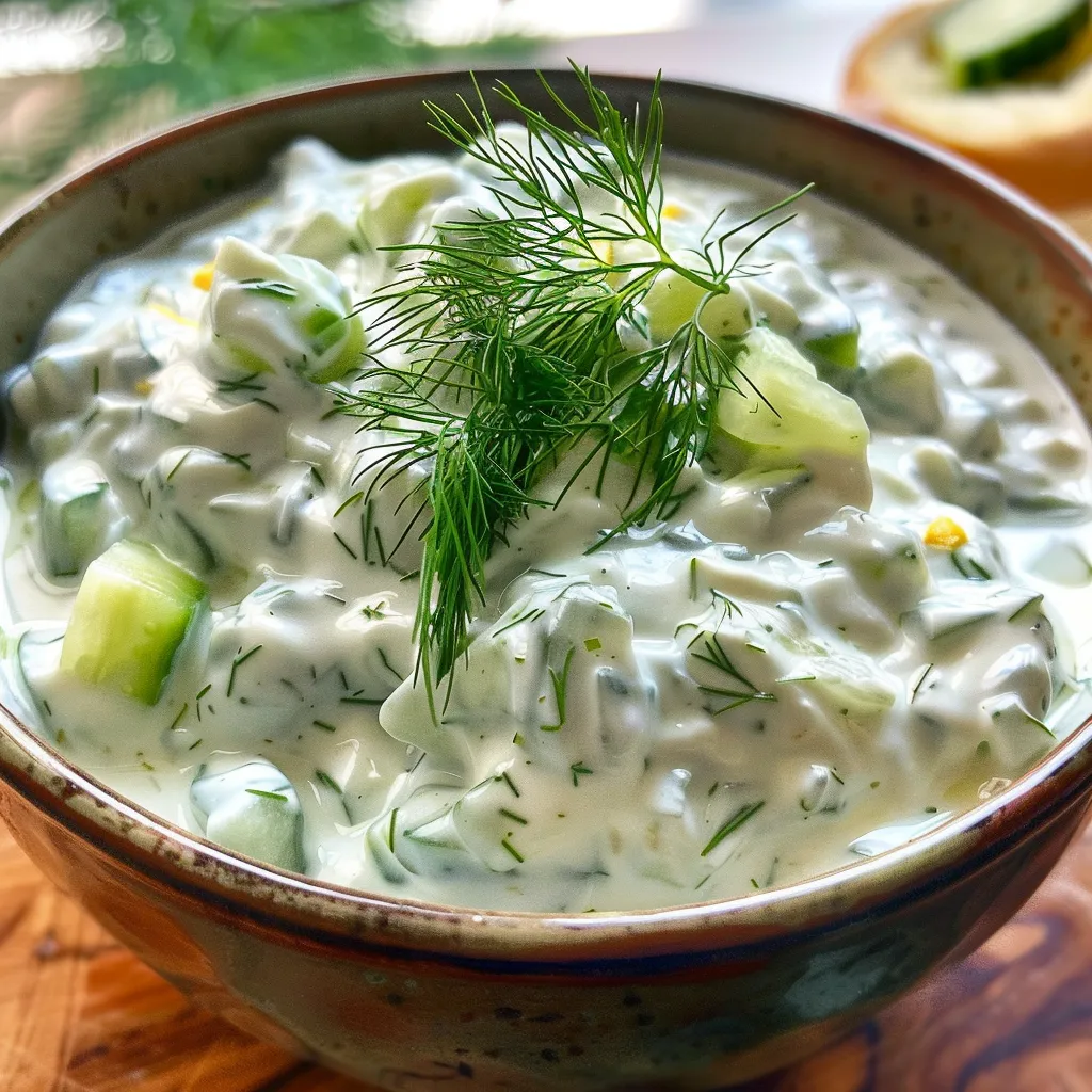 Side angle of Tzatziki sauce with cucumber bits, served in a small dish.