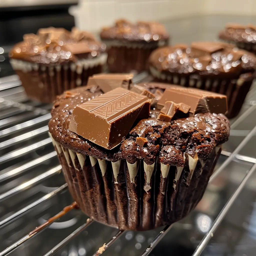 A delicious brownie muffin showcasing a rich chocolate texture and shiny surface.