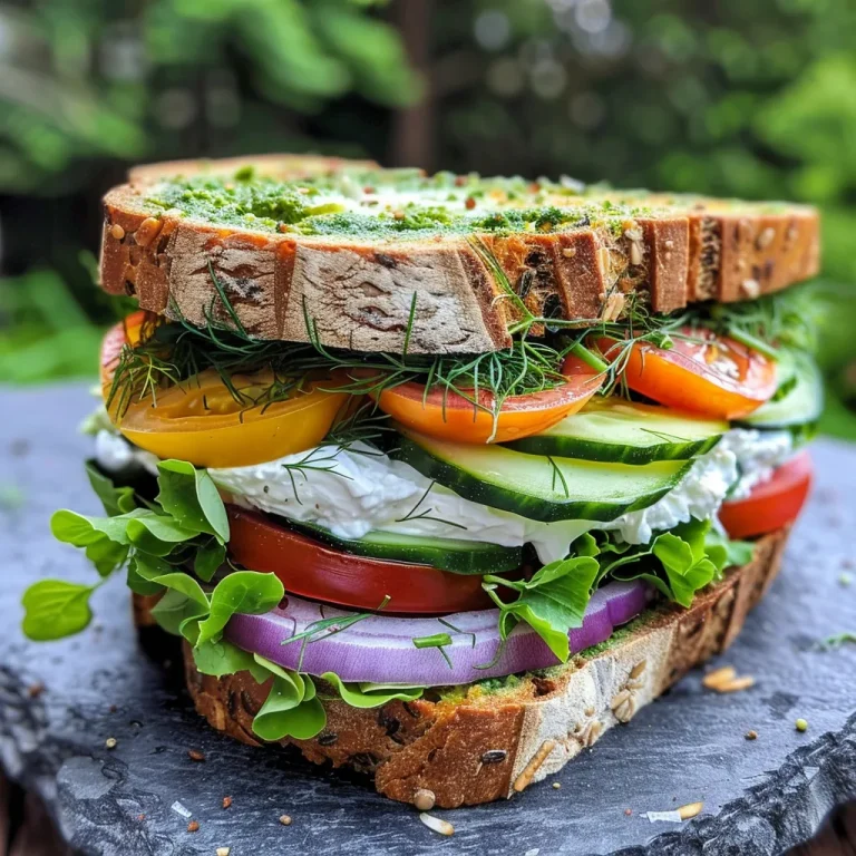 A close-up view of a colorful veggie sandwich stacked with fresh ingredients.
