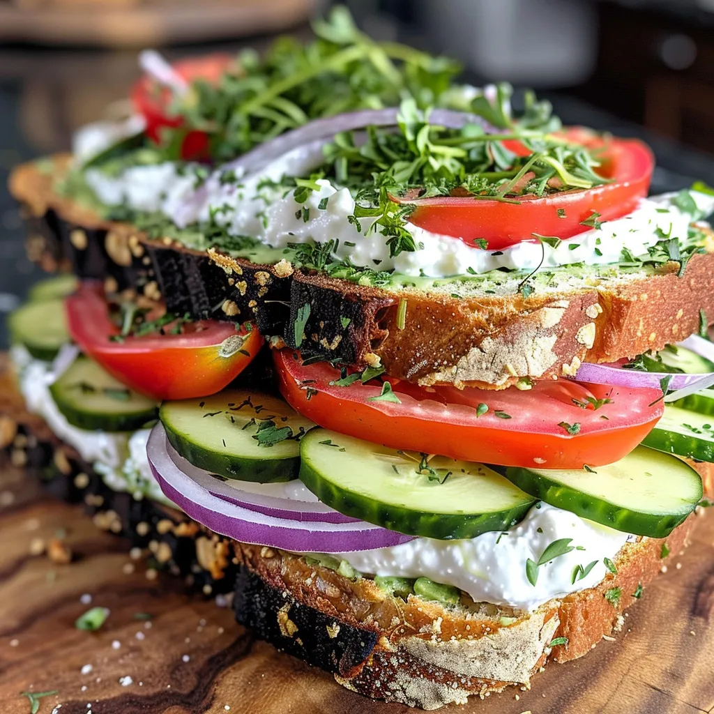 Side view of a hearty Ultimate Veggie Sandwich showcasing layers of vegetables and herbs.