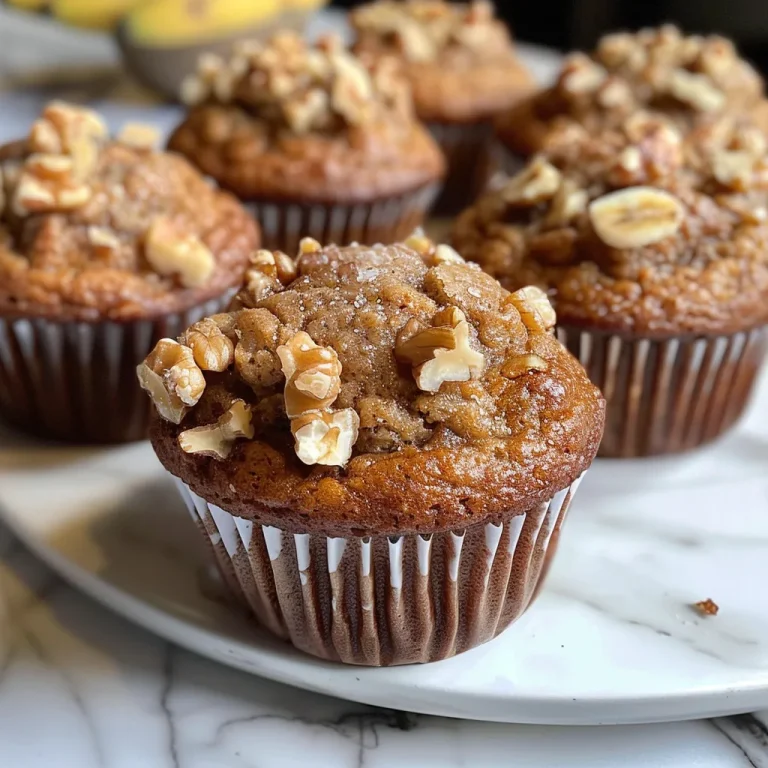 A close-up side view of a golden-brown vegan banana walnut muffin with visible walnut pieces and banana slices.