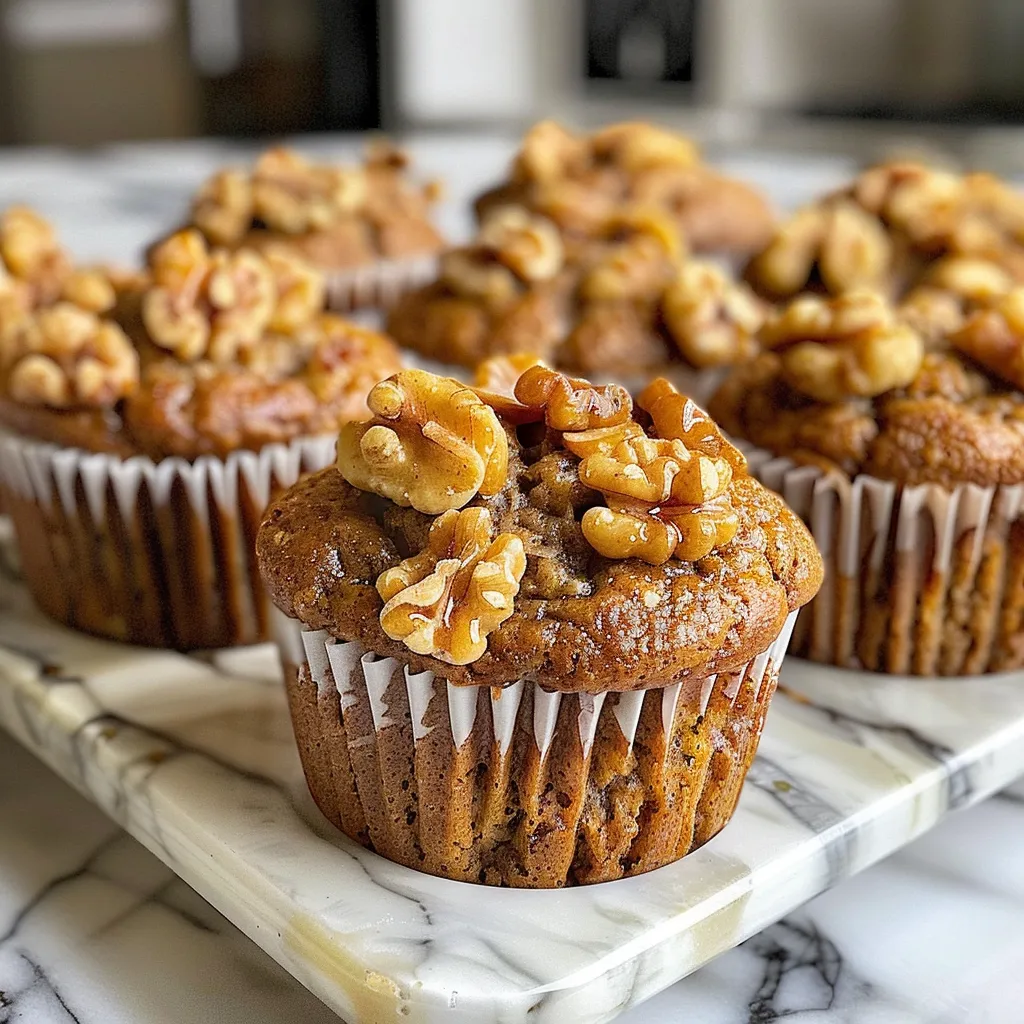 A scrumptious vegan banana walnut muffin displayed on a white plate, showcasing its fluffy texture and nutty topping.