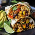 A close-up view of a vibrant vegan burrito, showcasing colorful ingredients like peppers and avocado.