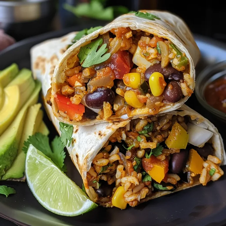 A close-up view of a vibrant vegan burrito, showcasing colorful ingredients like peppers and avocado.