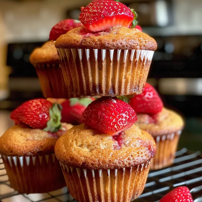Juicy Vegan Double Strawberry Muffins displayed side view, showcasing the bright red strawberries.