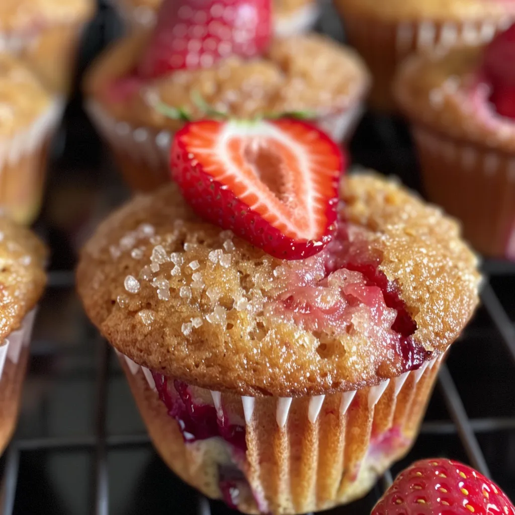 Close-up of Vegan Double Strawberry Muffins with a focus on fluffy texture and strawberry pieces.