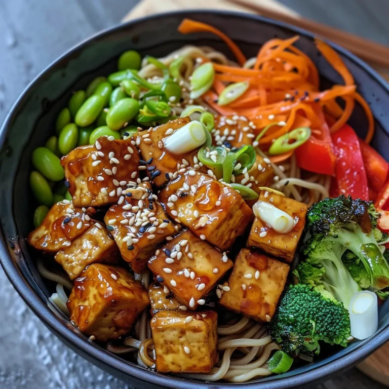 Quick and Flavorful Vegan Teriyaki Noodle Bowl for Busy Nights A close-up view of a Vegan Teriyaki Noodle Bowl featuring colorful vegetables and tofu.