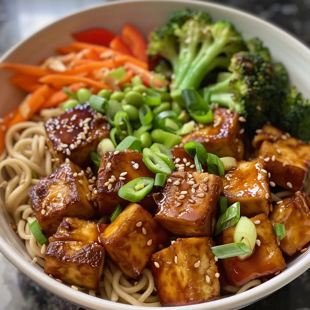 A vibrant Vegan Teriyaki Noodle Bowl with noodles, tofu cubes, and assorted fresh vegetables.