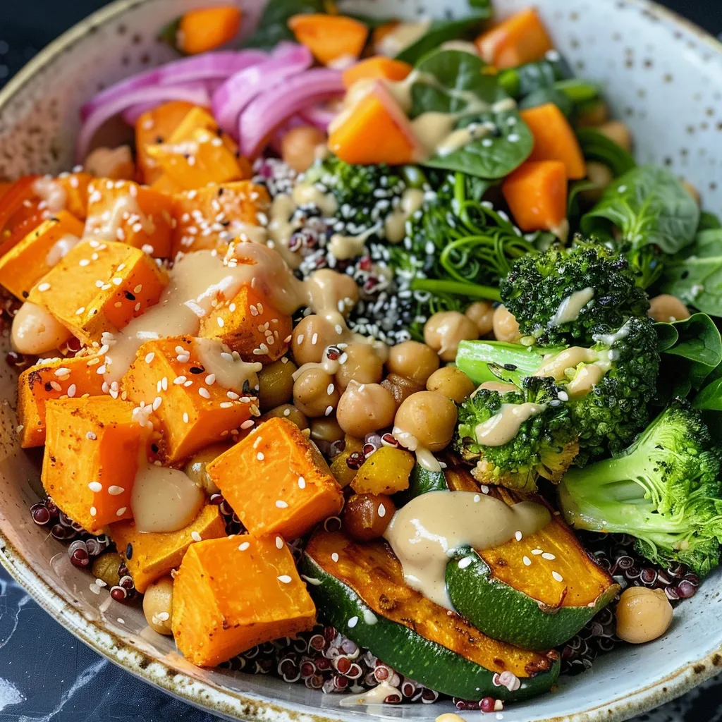 A vibrant Buddha Bowl featuring quinoa, sweet potatoes, broccoli, and a drizzle of Tahini.