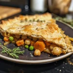 A close-up view of a golden-brown Vegetarian Chickpea Pot Pie with flaky crust and visible vegetables.