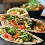 Close-up view of a vegetarian pita sandwich filled with colorful vegetables.