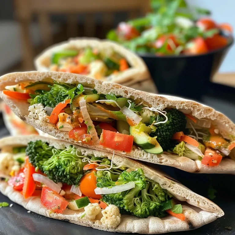 Close-up view of a vegetarian pita sandwich filled with colorful vegetables.