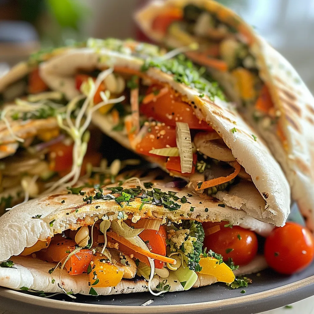Side view of a freshly prepared vegetarian pita bread sandwich loaded with vibrant ingredients.
