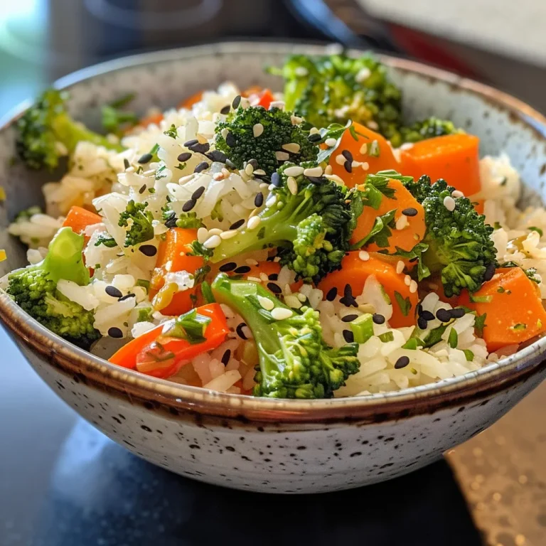 Close-up view of a bright and colorful vegetarian rice and veggie bowl filled with mixed vegetables.