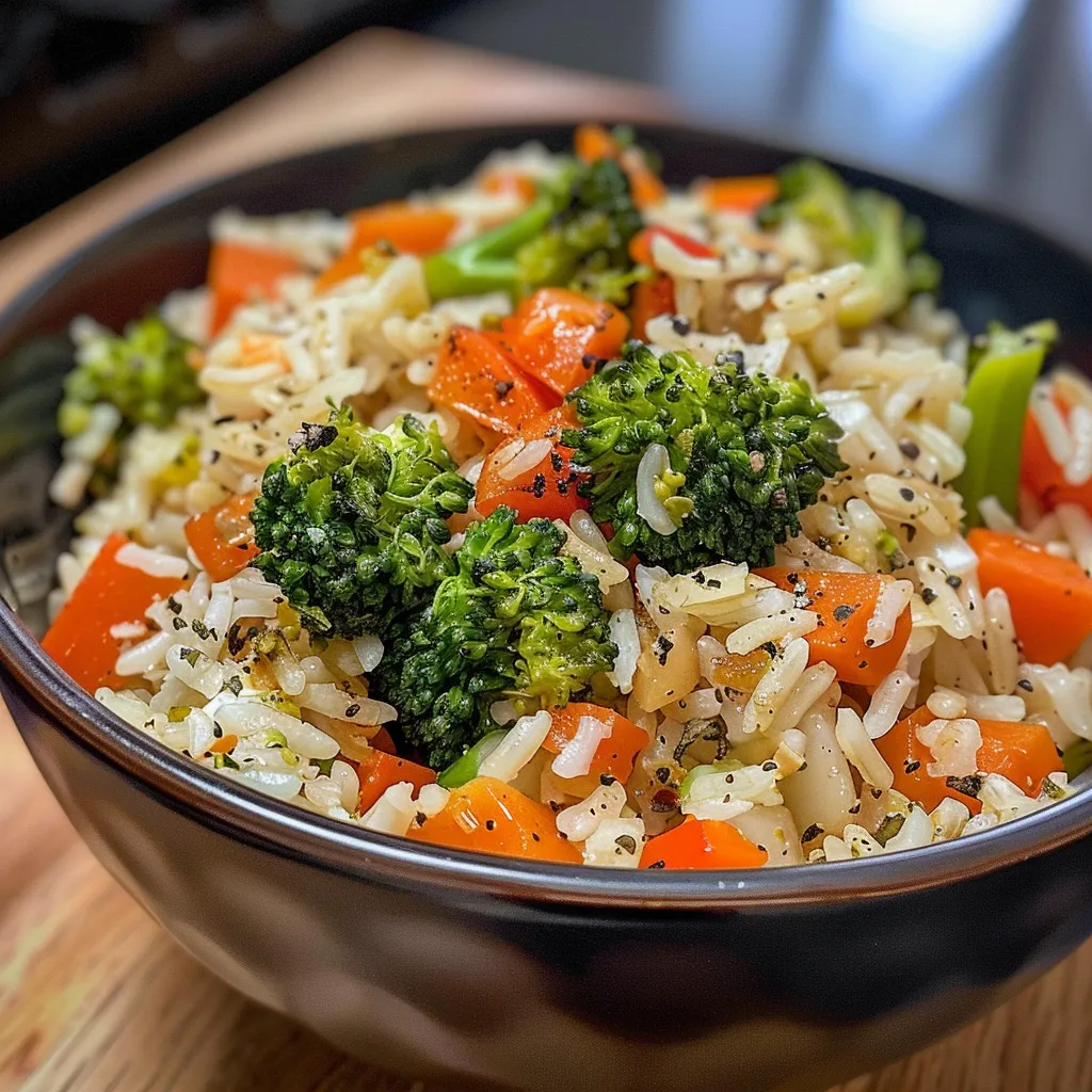 Side perspective of a delicious rice bowl showcasing vibrant broccoli, carrots, and bell peppers.