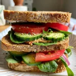 Side view of a juicy vegetarian sandwich on whole grain bread.