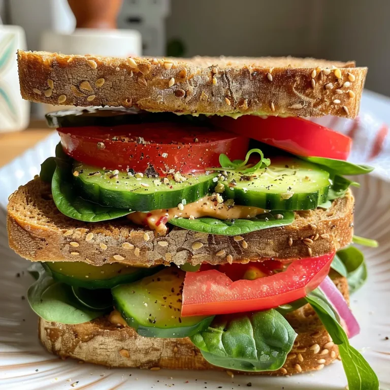 Side view of a juicy vegetarian sandwich on whole grain bread.