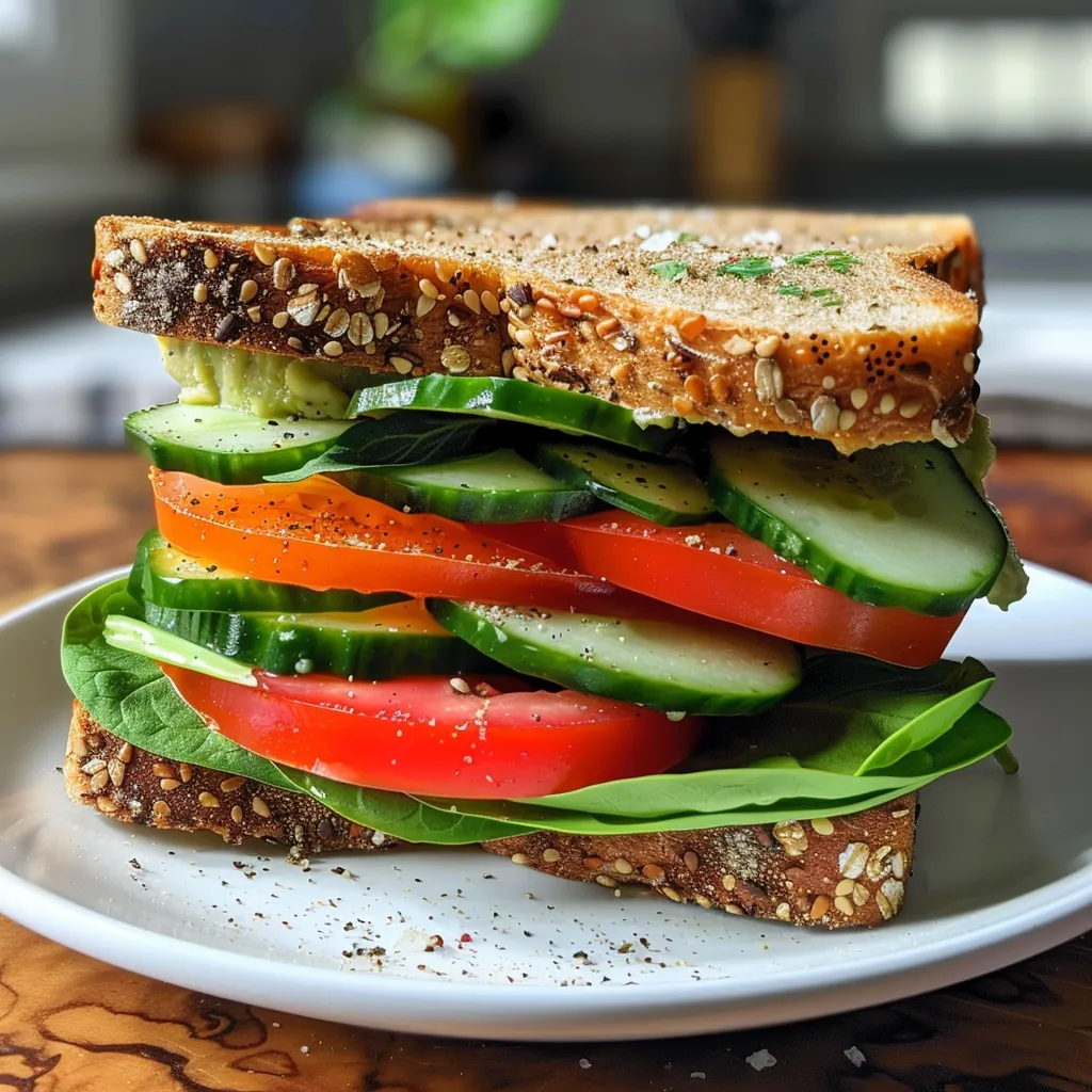 Close-up of a colorful vegetarian sandwich filled with fresh ingredients.