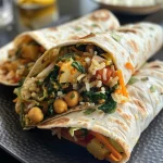 Close-up view of a vibrant vegetarian wrap sandwich filled with colorful ingredients.