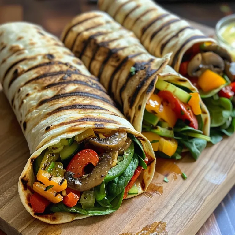 Close-up of a grilled veggie wrap showcasing vibrant bell peppers, zucchini, and mushrooms.