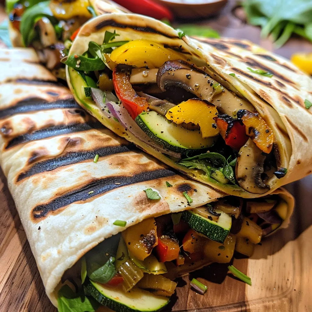 A side view of a delicious veggie grilled wrap filled with fresh vegetables and herbs.