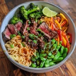 A vibrant veggie noodle bowl with grilled steak, featuring colorful vegetables and glossy noodles in a close-up view.