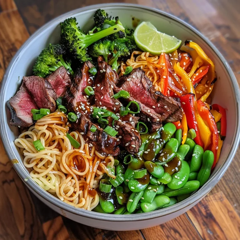 A vibrant veggie noodle bowl with grilled steak, featuring colorful vegetables and glossy noodles in a close-up view.