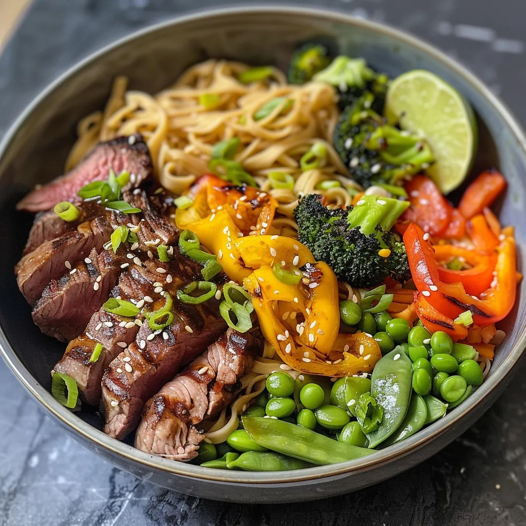 Juicy grilled steak atop a bed of brown rice noodles, surrounded by a medley of fresh veggies in a side view.