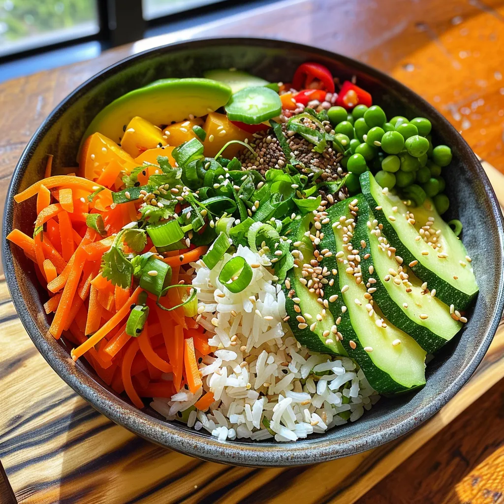 Side view of a delicious rice bowl filled with bright, fresh veggies and garnished with sliced avocado.