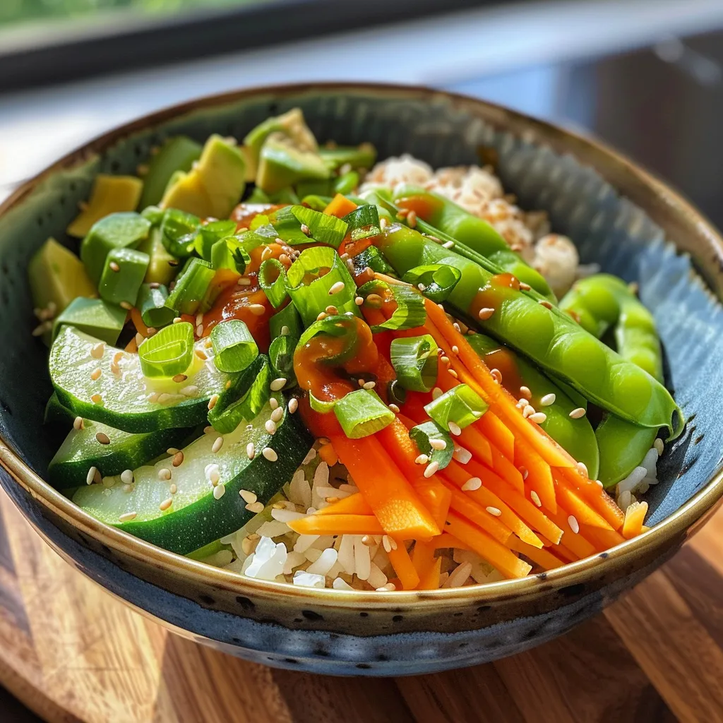 Close-up view of a fresh veggie rice bowl with vibrant ingredients and garnishes.