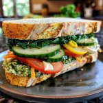 A close-up side view of a juicy veggie sandwich filled with fresh vegetables and sauces.