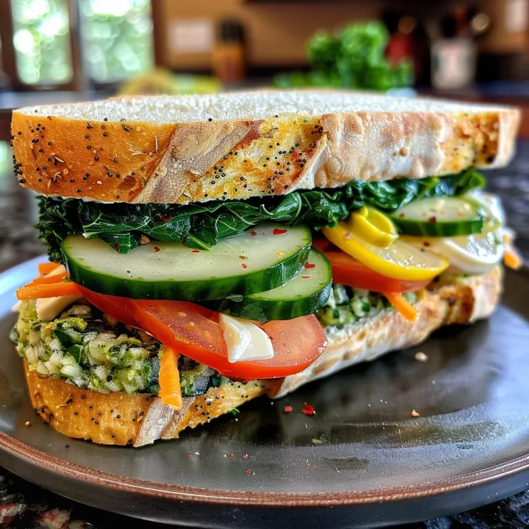 Elevate Your Lunch Game with This Flavor-Packed Veggie Sandwich A close-up side view of a juicy veggie sandwich filled with fresh vegetables and sauces.