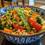 Close-up view of a colorful veggie stir-fry rice bowl featuring various vegetables and brown rice.
