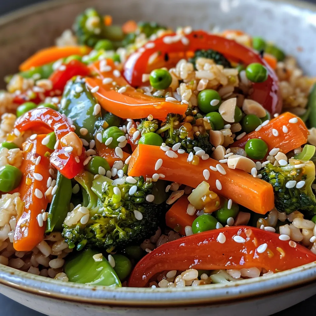 A side view of a vibrant rice bowl with stir-fried vegetables, including broccoli, bell pepper, and carrots.