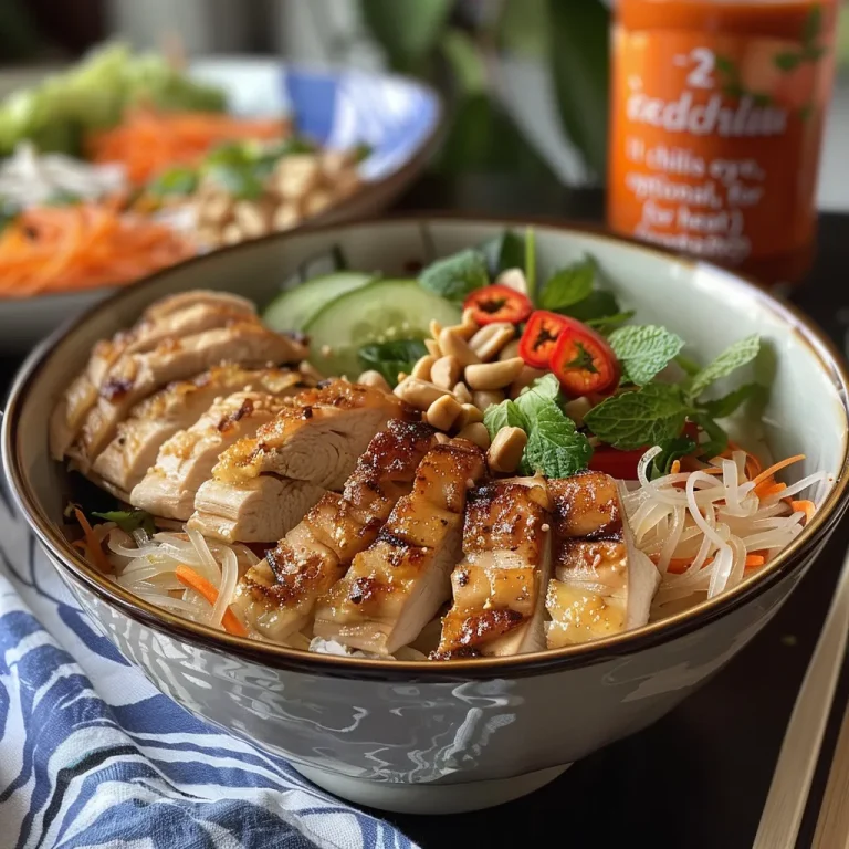 A Vibrant Vietnamese Chicken Noodle Bowl That s a Breeze to Prepare A close-up view of a vibrant Vietnamese Chicken Noodle Bowl garnished with herbs and vegetables.