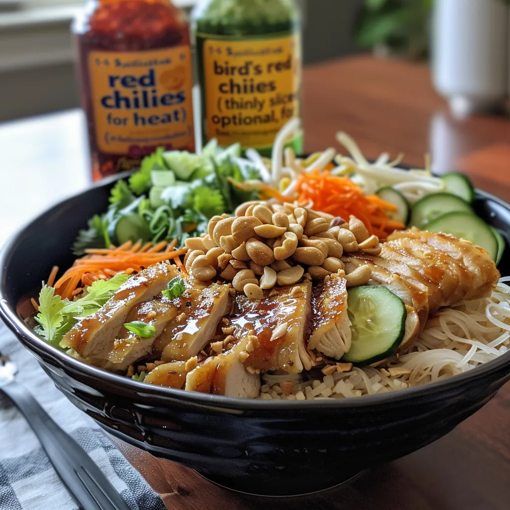 A side angle photo of a colorful bowl of Bun Ga Nuong featuring grilled chicken and fresh greens.