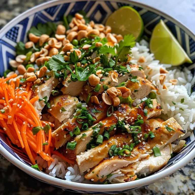 Elevate Your Dinner Game with a Flavorful Vietnamese Lemongrass Chicken Rice Bowl A close-up side view of a Vietnamese Lemongrass Chicken Rice Bowl, showcasing colorful ingredients and garnishes.