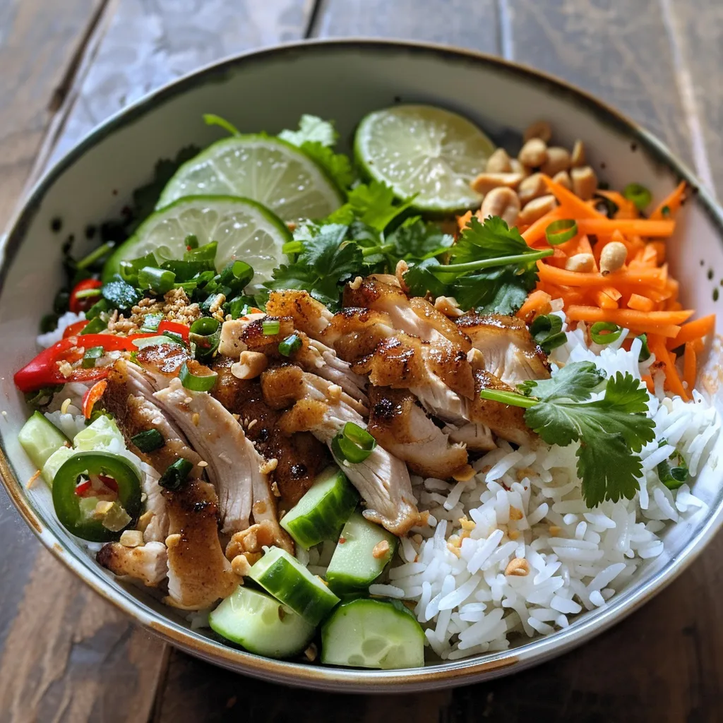 Juicy lemongrass chicken served over jasmine rice, garnished with vegetables and fresh herbs in a bowl.
