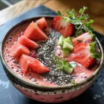 Close-up of a thick watermelon smoothie bowl topped with strawberries and coconut flakes.