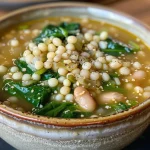 Close-up view of a bowl of White Bean, Spinach, and Couscous Soup with visible greens and beans.
