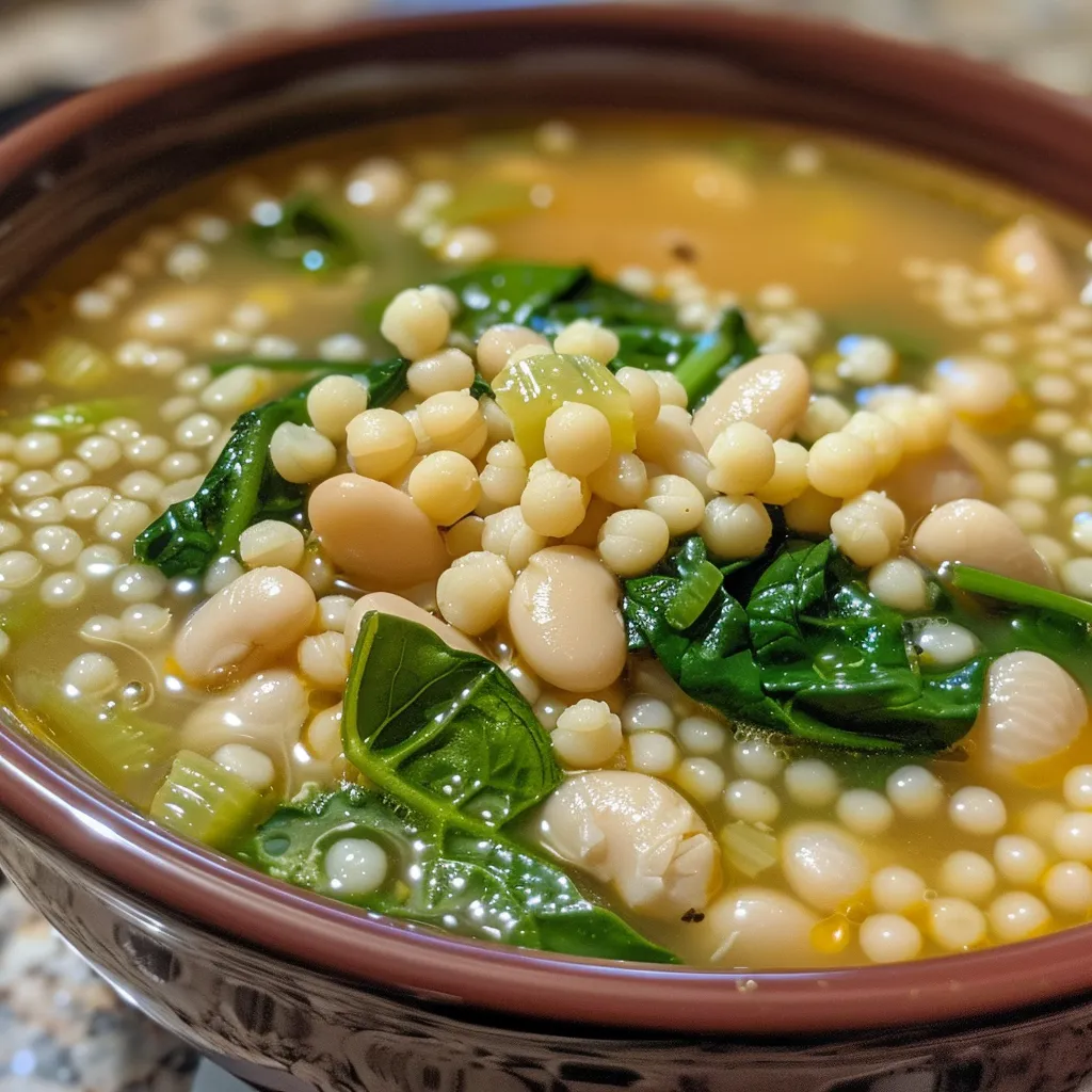 Side view of a hearty soup featuring white beans, spinach, and couscous in a rustic bowl.