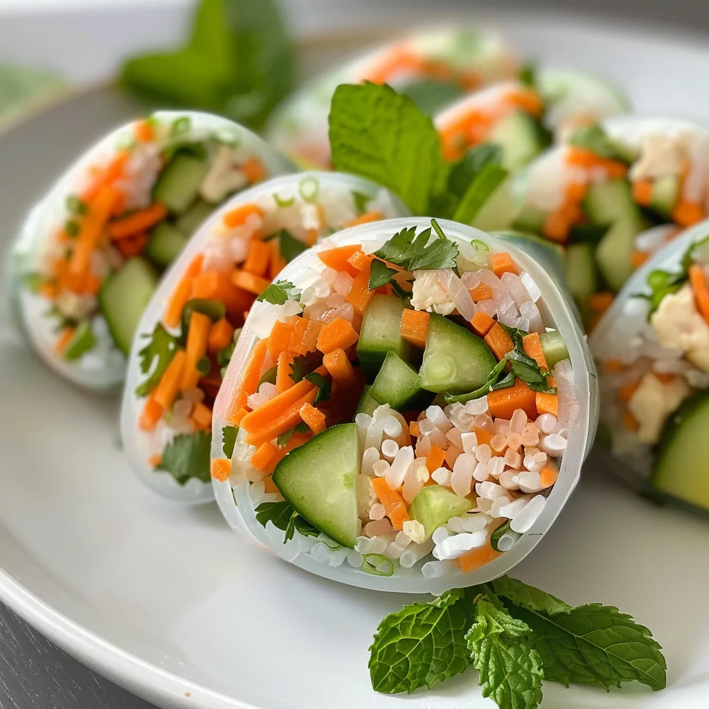 Side view of fresh rice wraps filled with vibrant vegetables and herbs.
