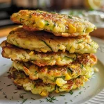 Close-up of golden-brown zucchini and corn fritters on a plate with a dollop of yogurt sauce.