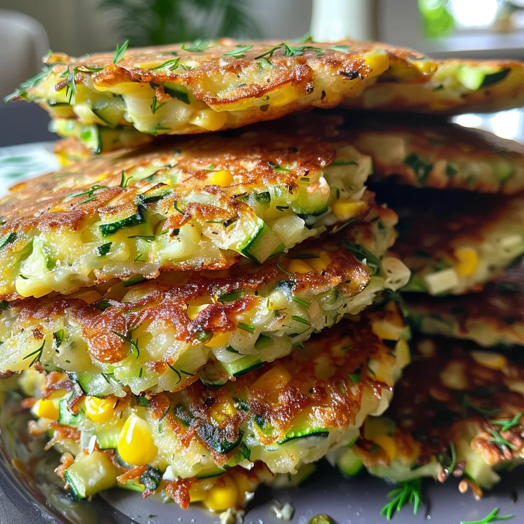 Side view of zucchini and corn fritters garnished with fresh herbs and yogurt sauce.