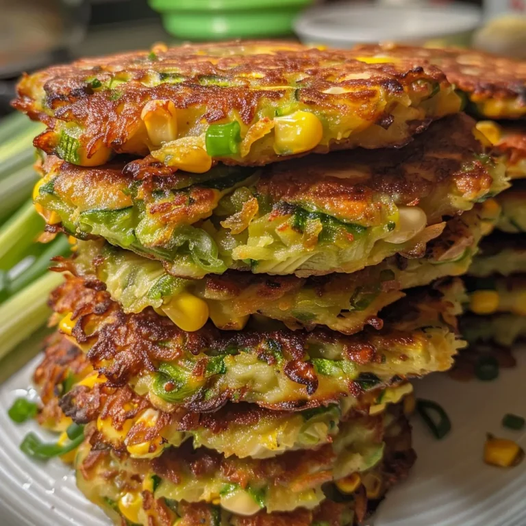 Juicy zucchini corn fritters stacked on a plate, drizzled with sauce.