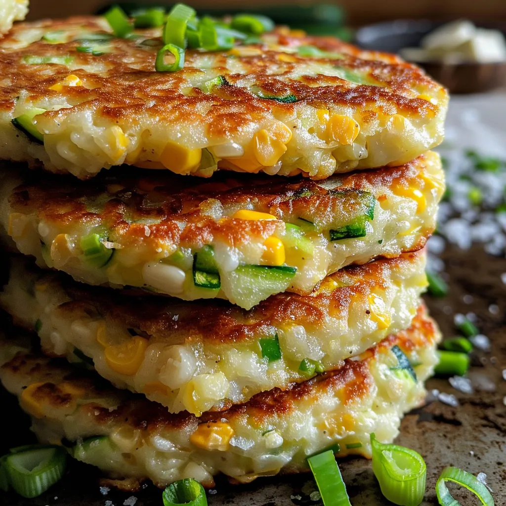 Close-up of crispy golden zucchini corn fritters with fresh herbs on top.