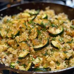 Close-up of a Zucchini Rice Skillet filled with colorful ingredients.