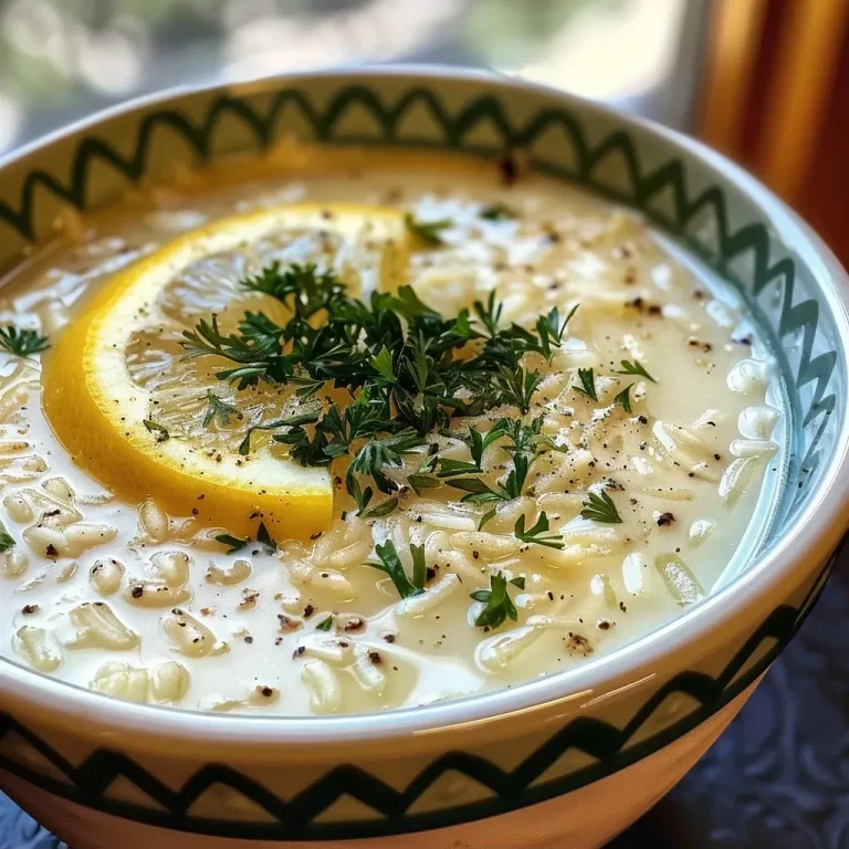 ['Close-up view of a bowl of Avgolemono soup, showcasing its creamy texture and garnished with fresh herbs.', 'Side view of a steaming bowl of Greek Avgolemono soup, highlighting the vibrant yellow color and rice.', 'A delicious serving of Avgolemono soup with a glossy surface, garnished with parsley and lemon.', 'Close-up of Avgolemono soup in a bowl, featuring a smooth consistency with herbs on top.']